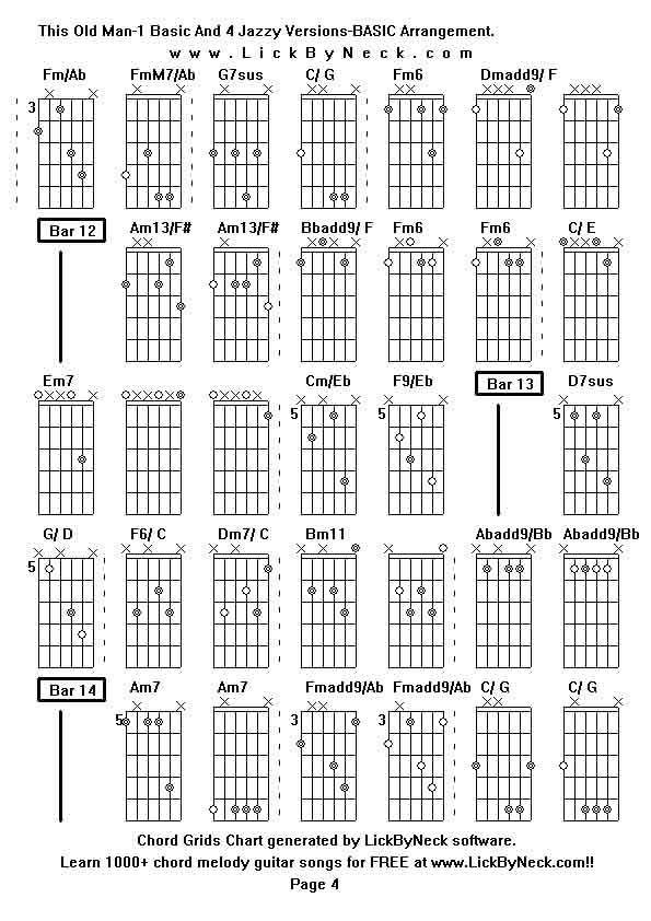 Chord Grids Chart of chord melody fingerstyle guitar song-This Old Man-1 Basic And 4 Jazzy Versions-BASIC Arrangement,generated by LickByNeck software.